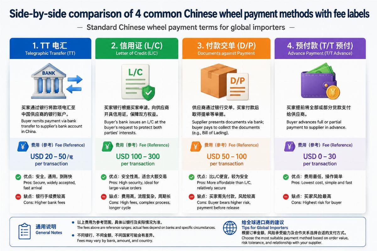 Side-by-side comparison of 4 common Chinese wheel payment methods with fee labels