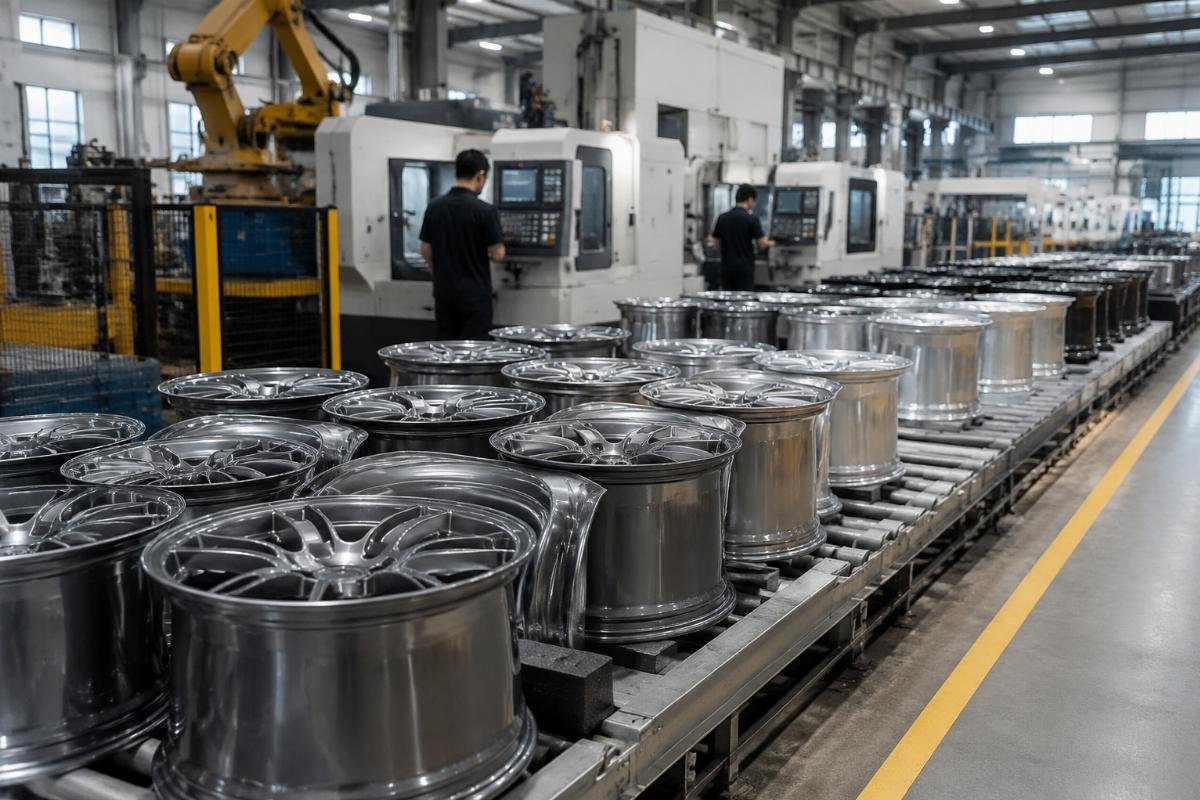 Custom wheel production line with finished units waiting for quality inspection