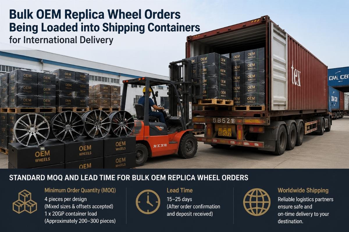 standard MOQ and lead time for bulk OEM replica wheel orders Bulk OEM replica wheel orders being loaded into shipping containers for international delivery