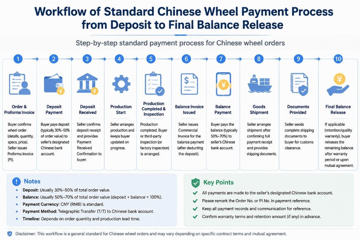 Step-by-step standard payment process for Chinese wheel orders Workflow of standard Chinese wheel payment process from deposit to final balance release