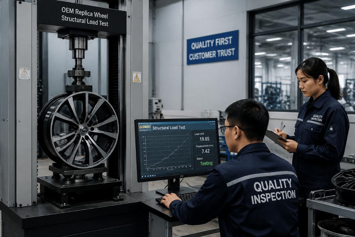 structural quality testing for OEM replica wheels before shipment Quality inspection team testing OEM replica wheel structural load capacity in a factory lab