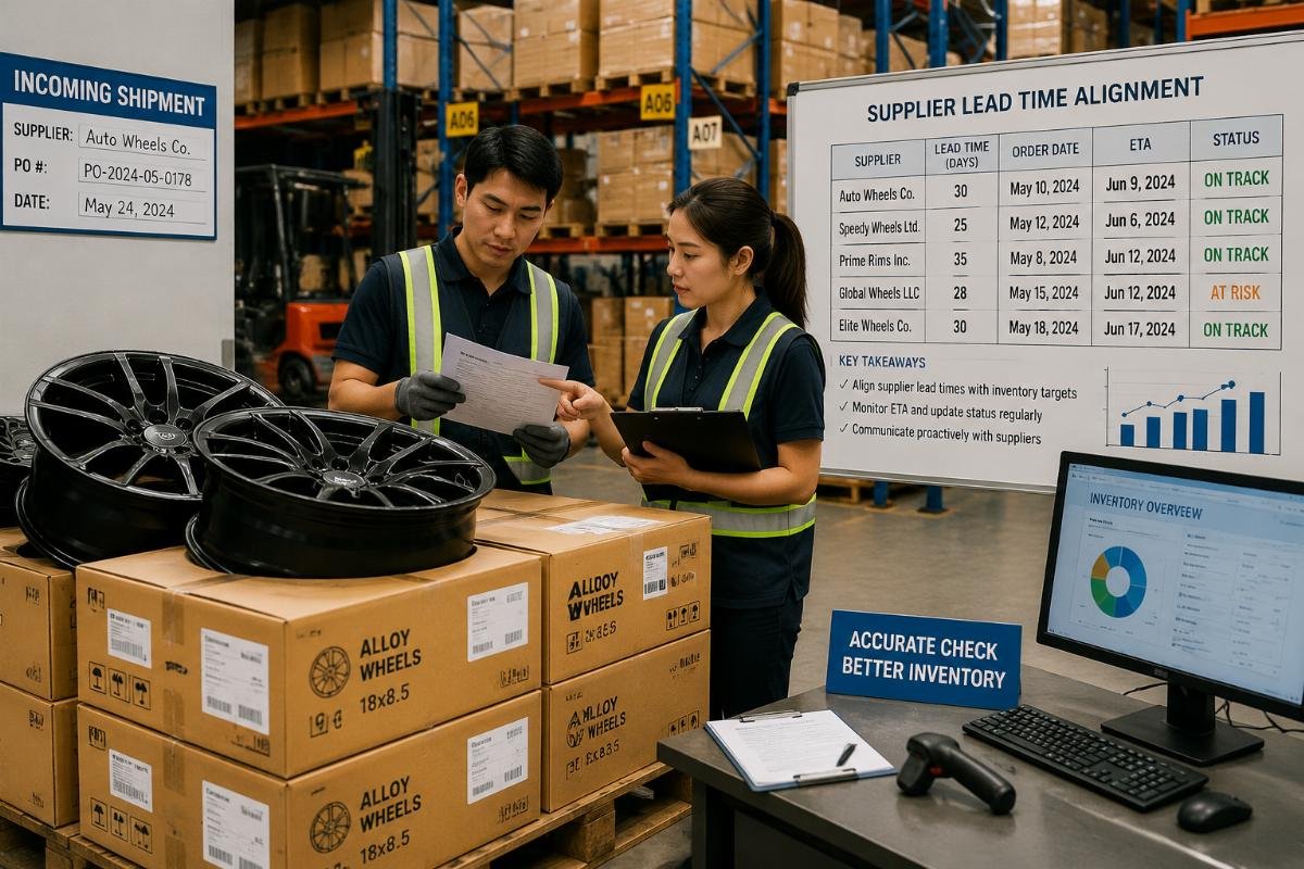 supplier lead time alignment for wheel inventory Warehouse team cross-checking incoming wheel shipment against supplier delivery documents