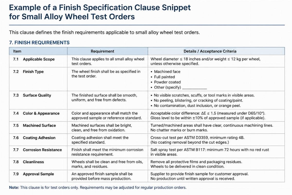 test order clause sample Example of a finish specification clause snippet for small alloy wheel test orders