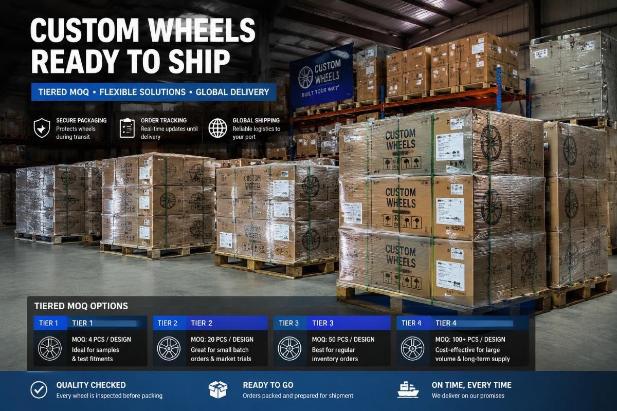 A warehouse of packed custom cast wheel orders ready for shipment
