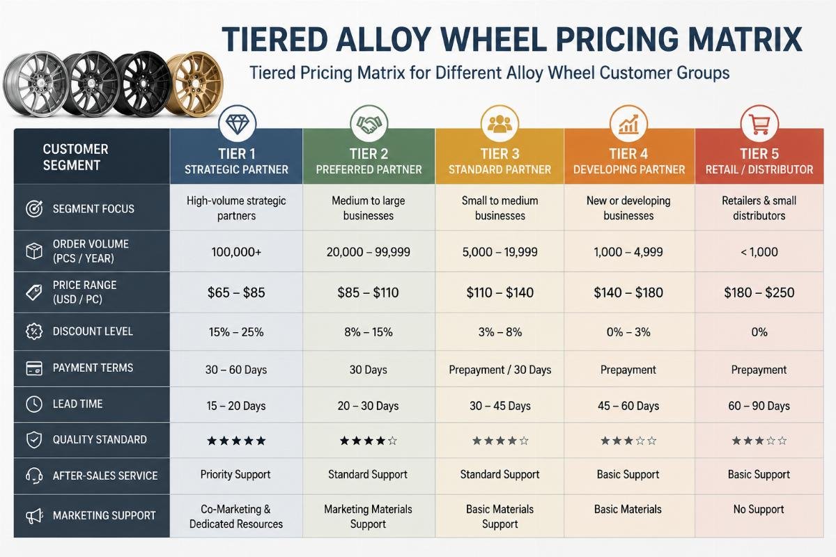 Tiered pricing matrix for different alloy wheel customer groups Tiered alloy wheel pricing matrix for customer segments