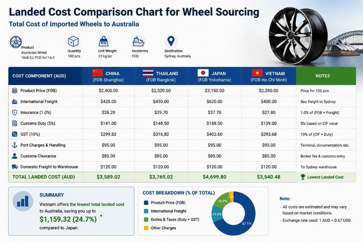 total cost of imported wheels to Australia Landed cost comparison chart for wheel sourcing