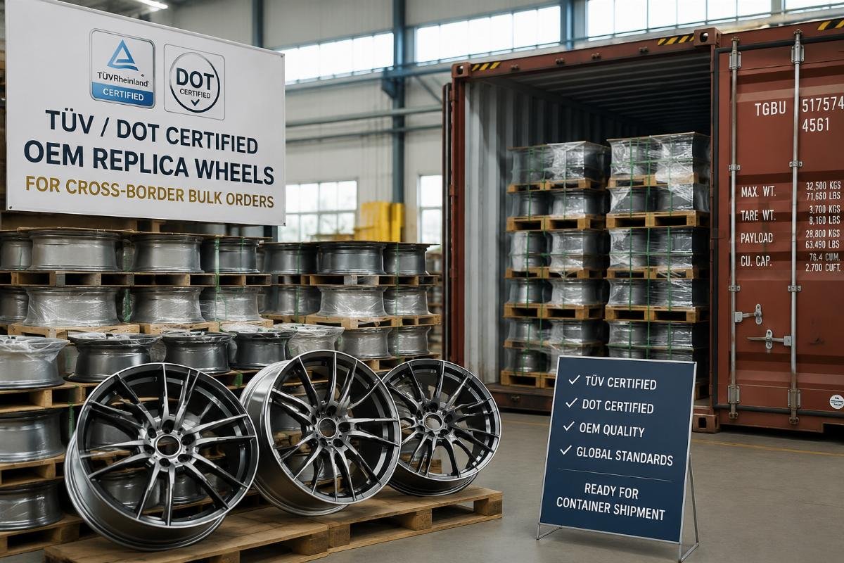 TüV/DOT certified OEM replica wheels for cross-border bulk orders Stacked certified OEM replica wheels in a factory warehouse ready for container shipment