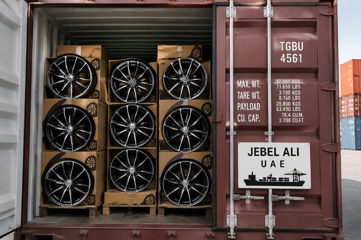 UAE bulk wheel order fulfillment Custom branded alloy wheels stacked in a shipping container marked for Jebel Ali port