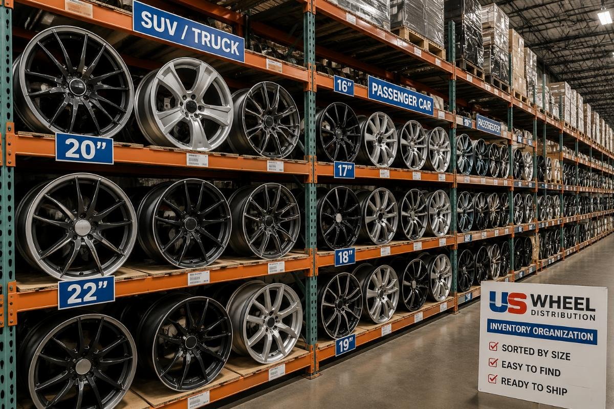 A warehouse shelf holding stacked SUV and passenger car wheels sorted by size