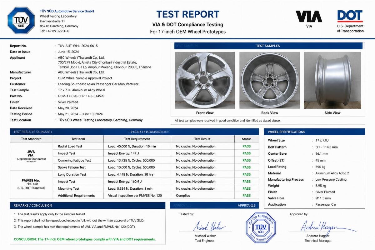 Verified test report from a completed OEM wheel sample approval project for a Southeast Asian passenger car manufacturer
