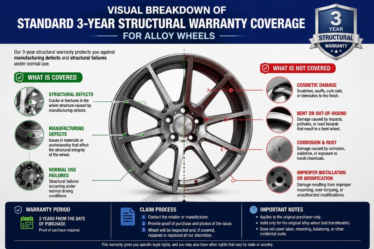 warranty coverage guide Visual breakdown of standard 3-year structural warranty coverage for alloy wheels