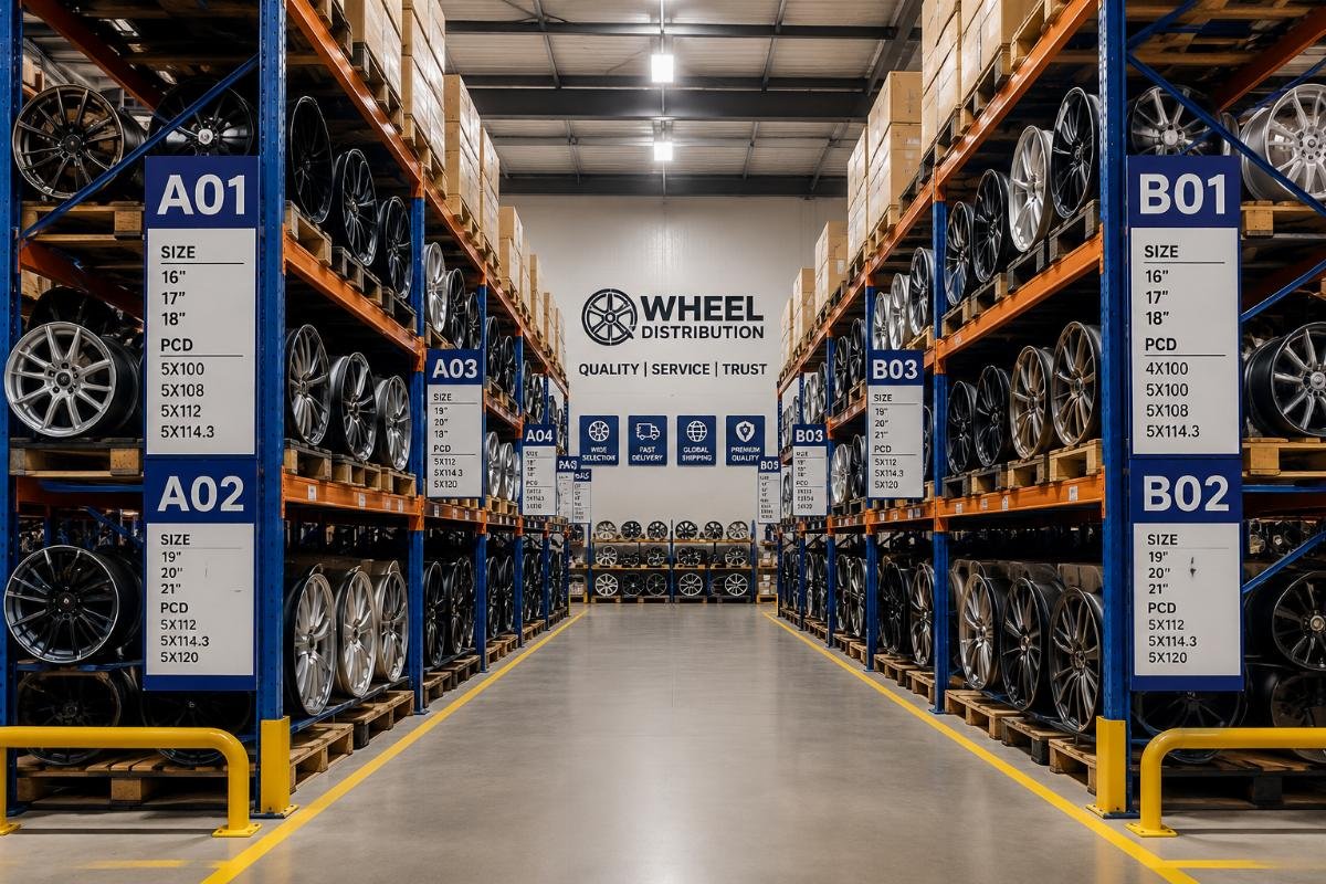 A neatly organized wheel distribution warehouse with labeled storage racks and stacked alloy wheel inventory