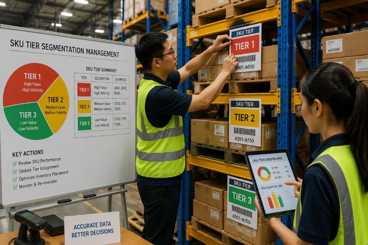 wheel SKU tier segmentation management Inventory team updating SKU tier labels on warehouse storage racks