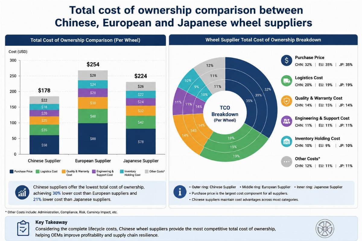 Wheel supplier total cost of ownership breakdown Total cost of ownership comparison between Chinese, European and Japanese wheel suppliers