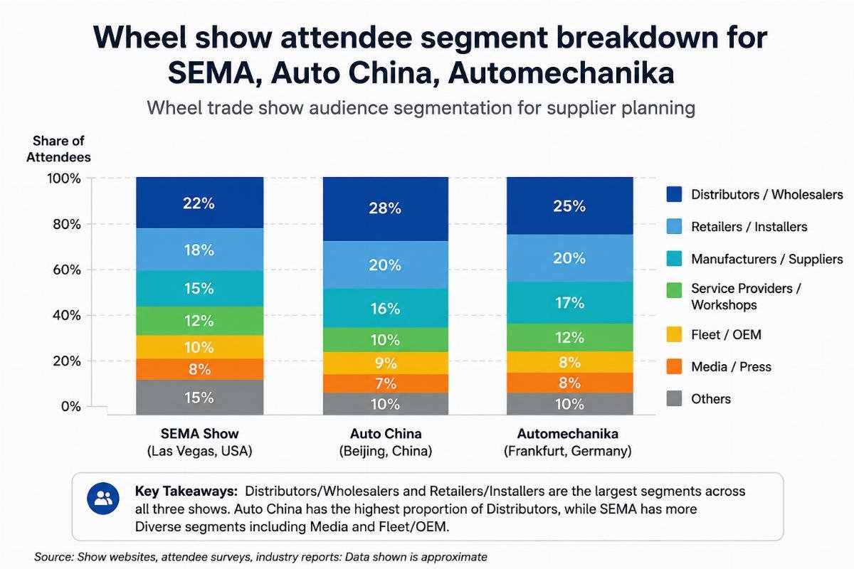Wheel trade show audience segmentation for supplier planning Wheel show attendee segment breakdown bar chart for SEMA, Auto China, Automechanika