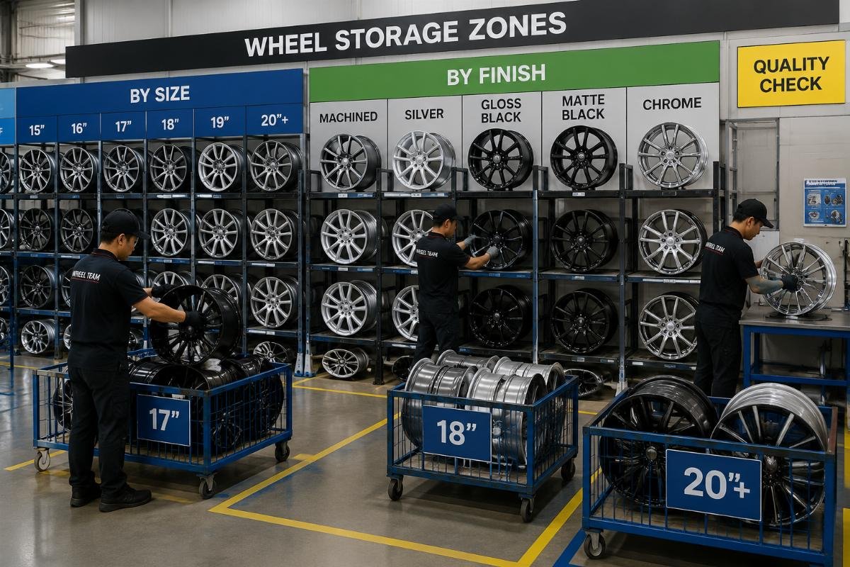 wheel warehouse zone storage setup Workers sorting alloy wheels into dedicated storage zones by size and surface finish